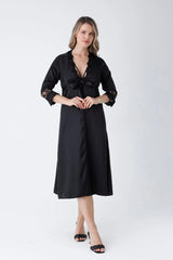 Black Satin 6-Piece Nightgown & Dressing Gown Set with Long Slit   Night Wear