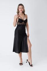 Black Satin 6-Piece Nightgown & Dressing Gown Set with Long Slit   Night Wear