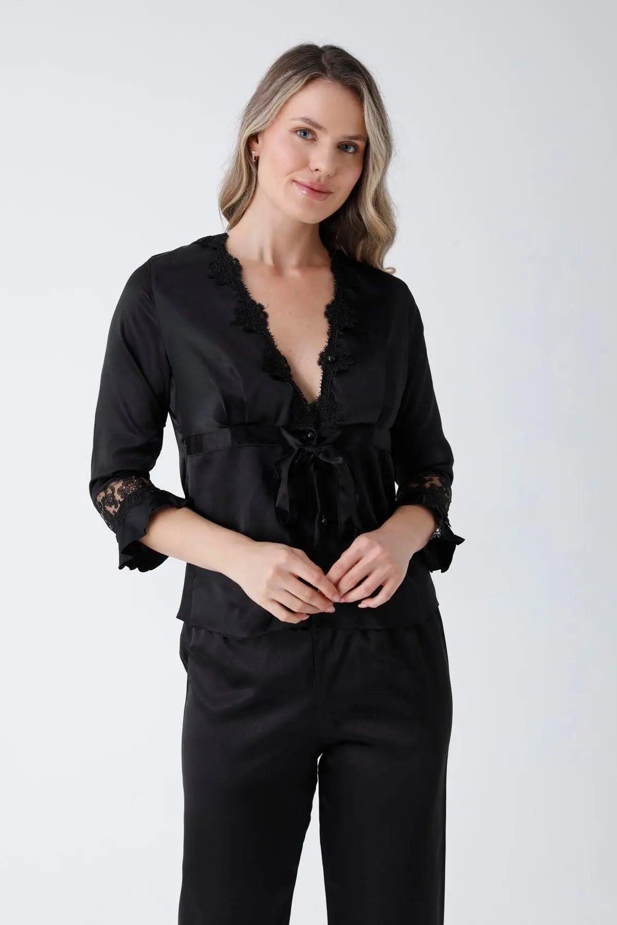 Black Satin 6-Piece Nightgown & Dressing Gown Set with Long Slit   Night Wear