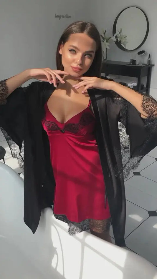 Bridal Net Nighty Set in Maroon & Black - 3 Piece   Night Wear