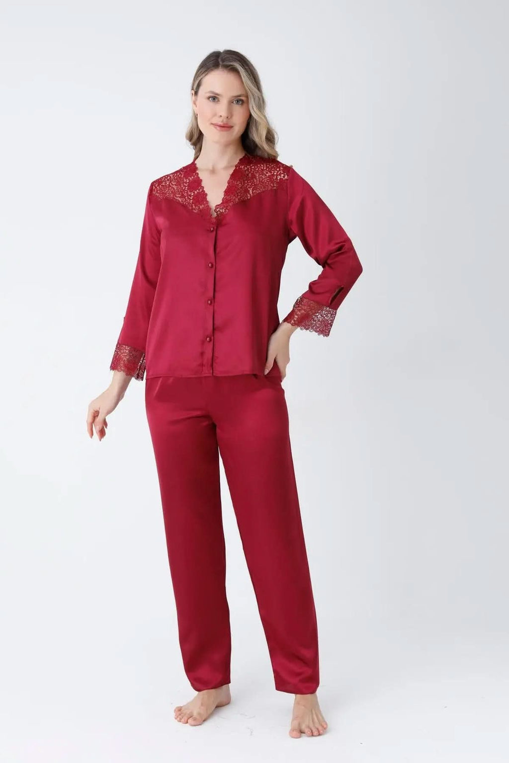 Burgundy Satin 6-Piece Nightgown & Dressing Gown Set with Guipure Lace Details   Night Wear