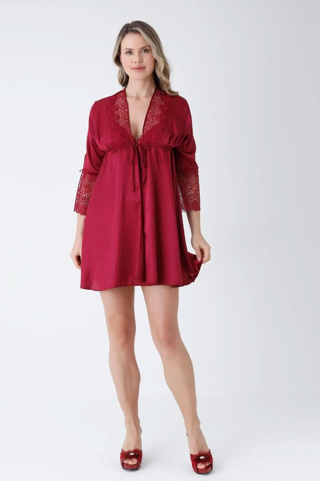 Burgundy Satin 6-Piece Nightgown & Dressing Gown Set with Guipure Lace Details   Night Wear