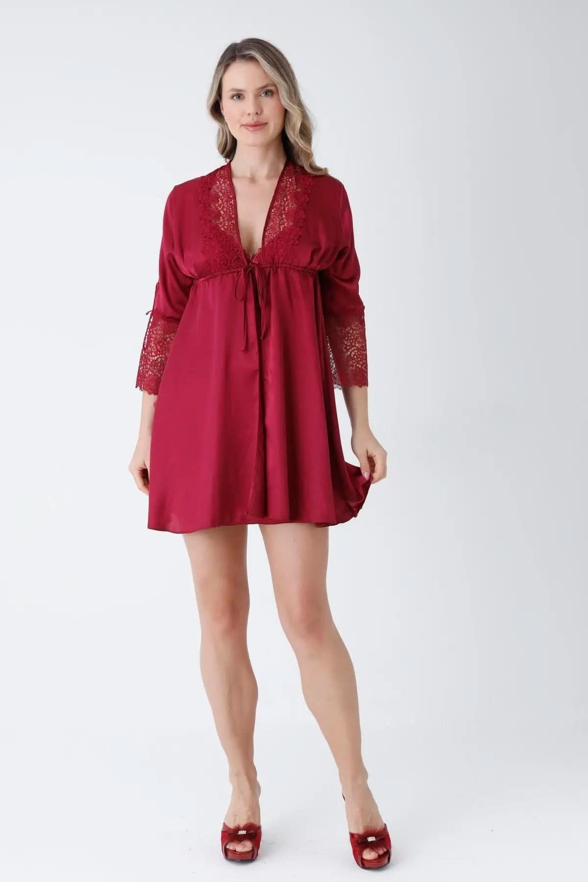 Burgundy Satin 6-Piece Nightgown & Dressing Gown Set with Guipure Lace Details   Night Wear