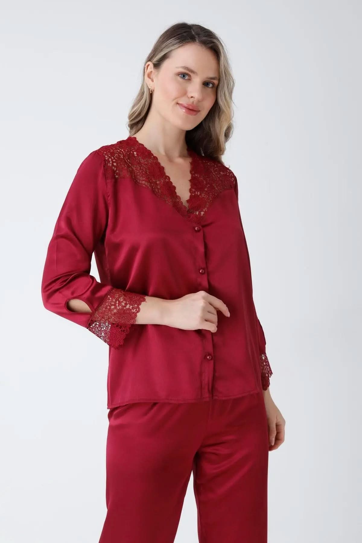 Burgundy Satin 6-Piece Nightgown & Dressing Gown Set with Guipure Lace Details   Night Wear
