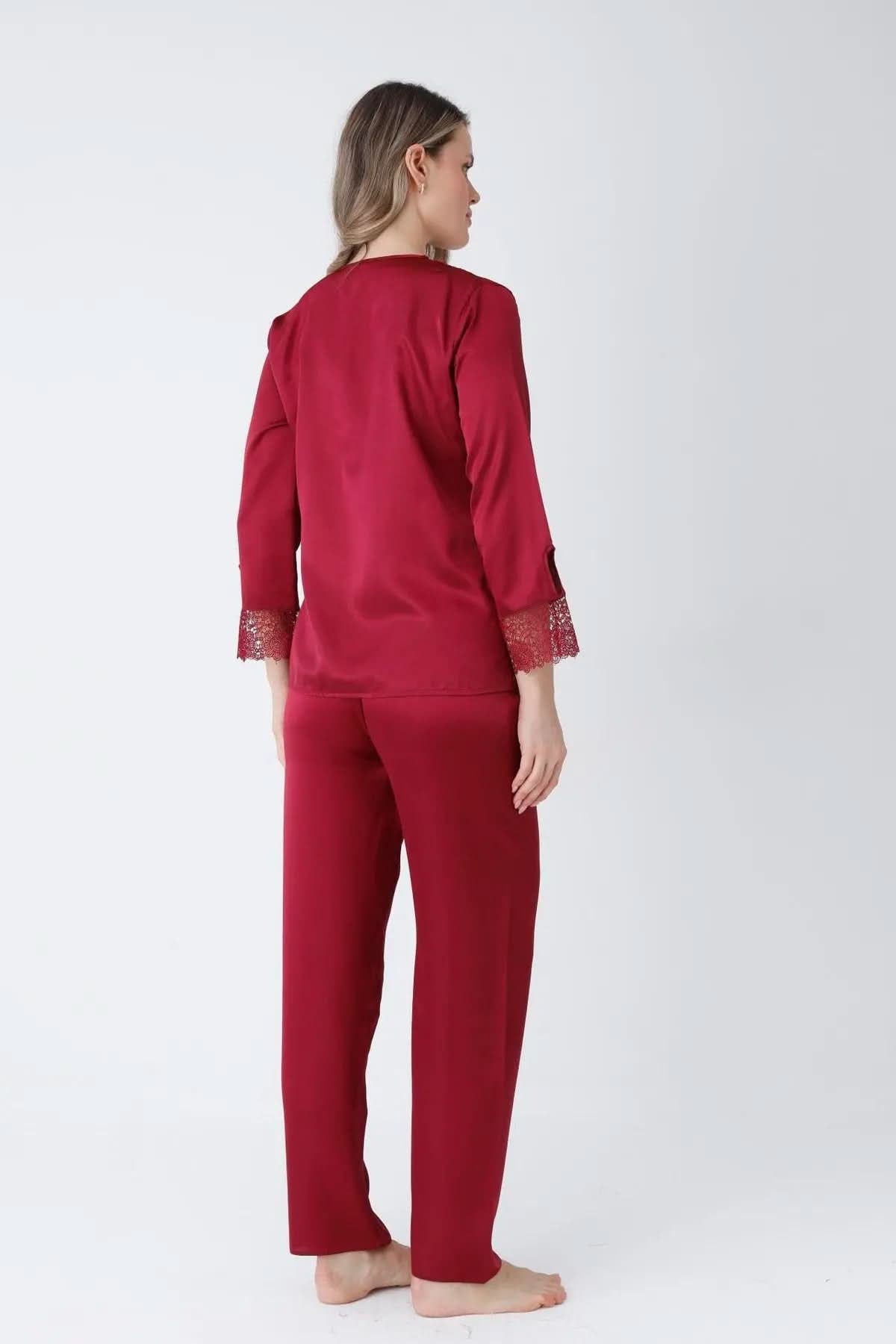 Burgundy Satin 6-Piece Nightgown & Dressing Gown Set with Guipure Lace Details   Night Wear