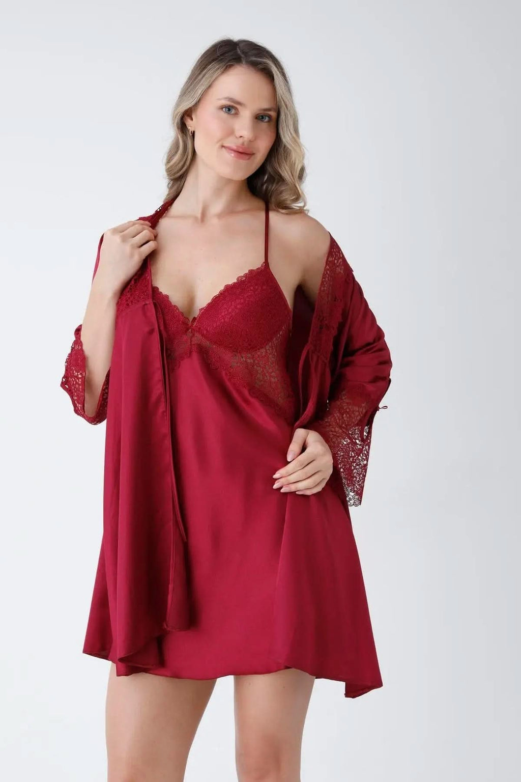 Burgundy Satin 6-Piece Nightgown & Dressing Gown Set with Guipure Lace Details   Night Wear