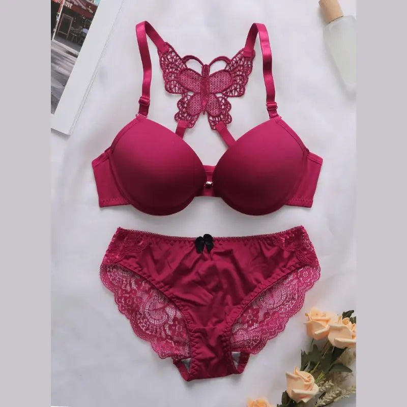 Butterfly Printed Cloud Front Open Padded Bra and Panty Set - Red   Bra Set