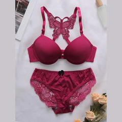 Butterfly Printed Cloud Front Open Padded Bra and Panty Set - Red   Bra Set