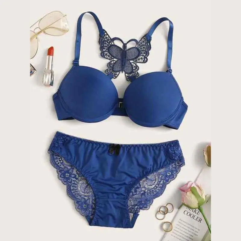 Butterfly Printed Cloud Front Open Padded Bra and Panty Set   Bra Set