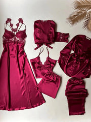 Claret Red Satin 6-Piece Nightgown & Dressing Gown Set with Long Slit   Night Wear