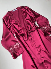 Claret Red Satin 6-Piece Nightgown & Dressing Gown Set with Long Slit   Night Wear