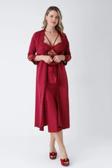 Claret Red Satin 6-Piece Nightgown & Dressing Gown Set with Long Slit   Night Wear