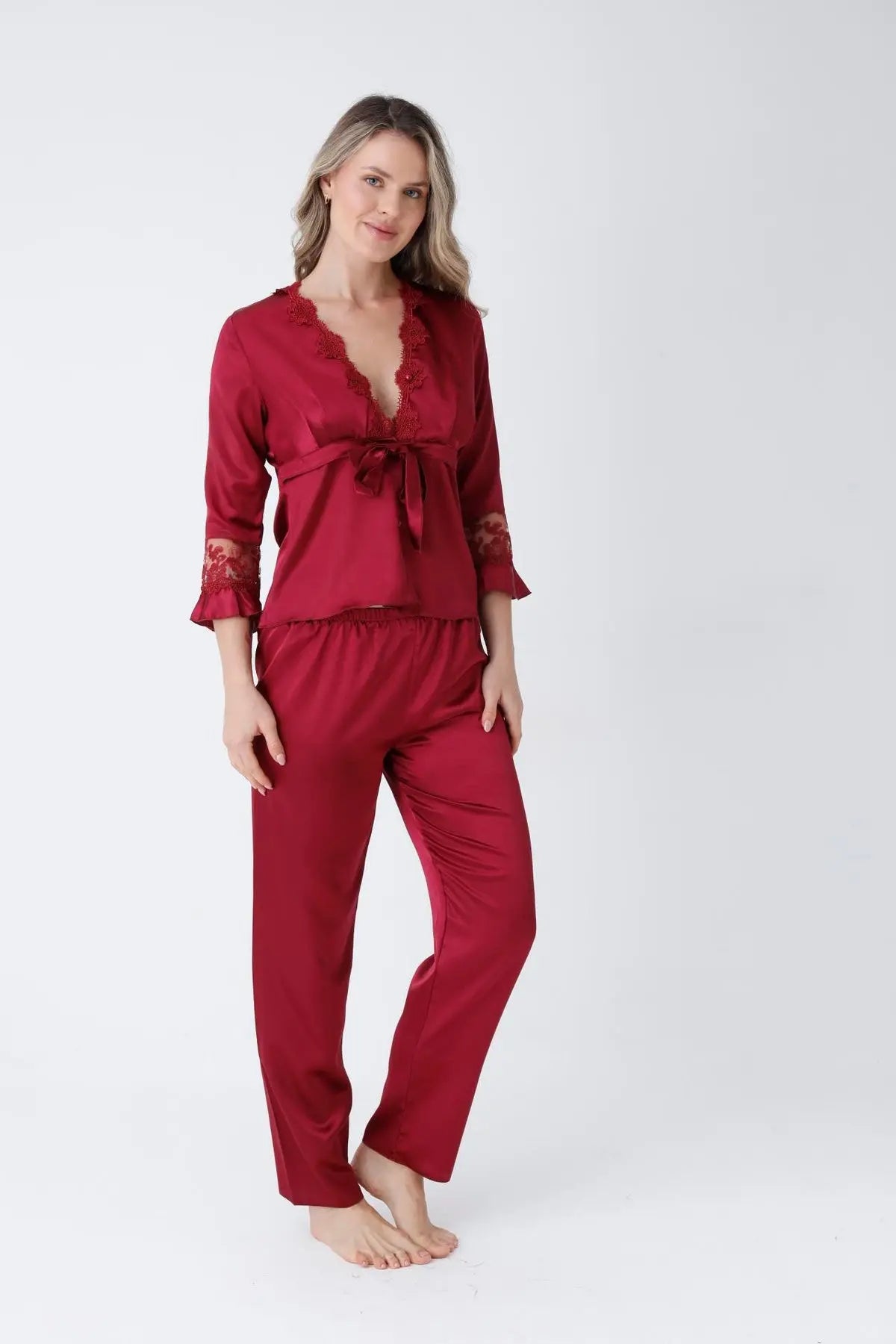 Claret Red Satin 6-Piece Nightgown & Dressing Gown Set with Long Slit   Night Wear