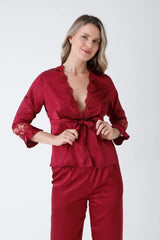 Claret Red Satin 6-Piece Nightgown & Dressing Gown Set with Long Slit   Night Wear