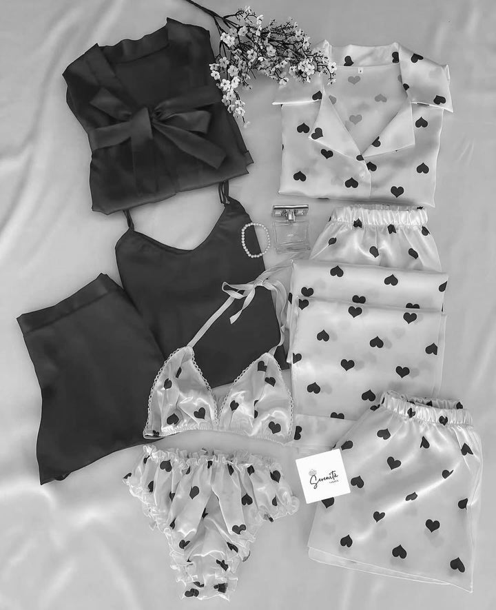 8-in-1 Heart Print Nightwear Set  Black / Extra large Night Wear