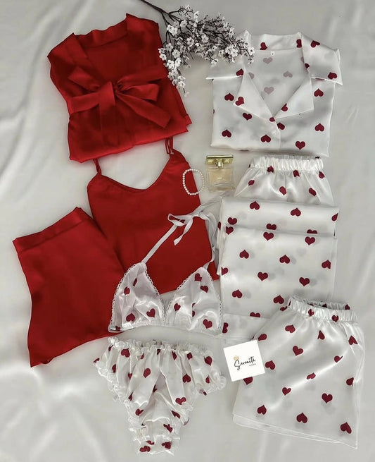8-in-1 Heart Print Nightwear Set  Maroon / Extra large