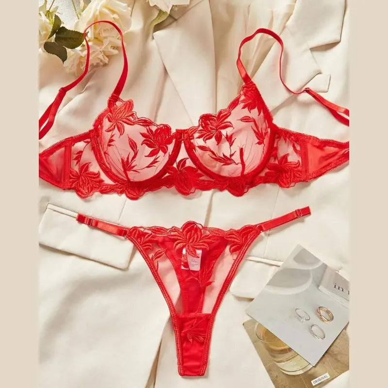 Dahlia Premium Lace Underwired Bra Set in Red   Inner Wear