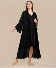 Elegant 2-Piece Silk Nightwear Set with Lace Detailing – Luxurious Midi Nightdress & Matching Robe  Black-Extra-Large Night Wear