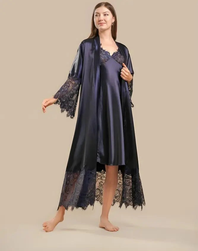 Elegant 2-Piece Silk Nightwear Set with Lace Detailing – Luxurious Midi Nightdress & Matching Robe  Blue-Extra-Large Night Wear