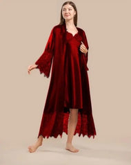 Elegant 2-Piece Silk Nightwear Set with Lace Detailing – Luxurious Midi Nightdress & Matching Robe  Maroon-Extra-Large Night Wear