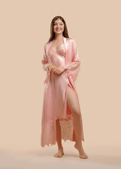 Elegant 2-Piece Silk Nightwear Set with Lace Detailing – Luxurious Midi Nightdress & Matching Robe  Pink-Extra-Large Night Wear