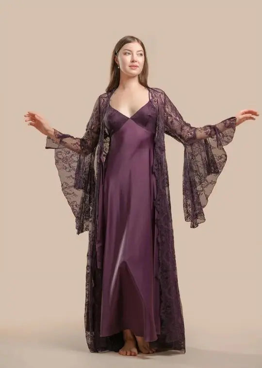 Elegant 2-Piece Silk Nightwear Set with Lace Detailing – Luxurious Midi Nightdress & Matching Robe  Purple-Extra-Large Night Wear