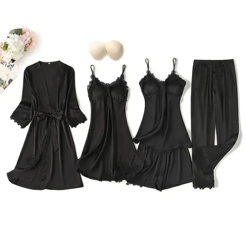 Elegant Sexy Lace Fashion 5 Pieces Women Nighty Sets Elegant Sexy Lace Fashion  Black-Extra-large Night Wear
