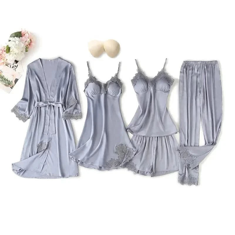 Elegant Sexy Lace Fashion 5 Pieces Women Nighty Sets Elegant Sexy Lace Fashion  Grey-Extra-large Night Wear