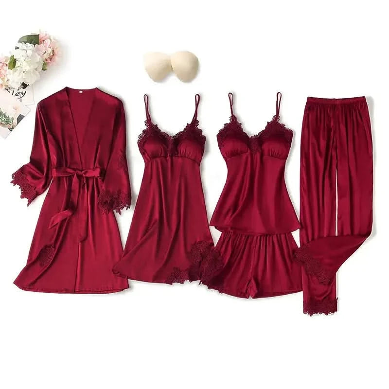 Elegant Sexy Lace Fashion 5 Pieces Women Nighty Sets Elegant Sexy Lace Fashion  Maroon-Extra-large Night Wear