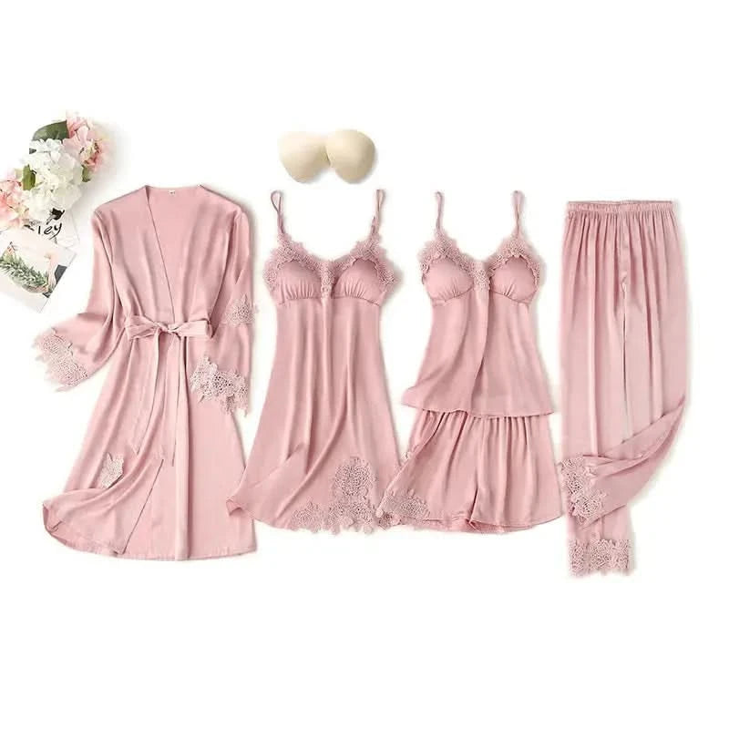 Elegant Sexy Lace Fashion 5 Pieces Women Nighty Sets Elegant Sexy Lace Fashion  Pink-Extra-large Night Wear