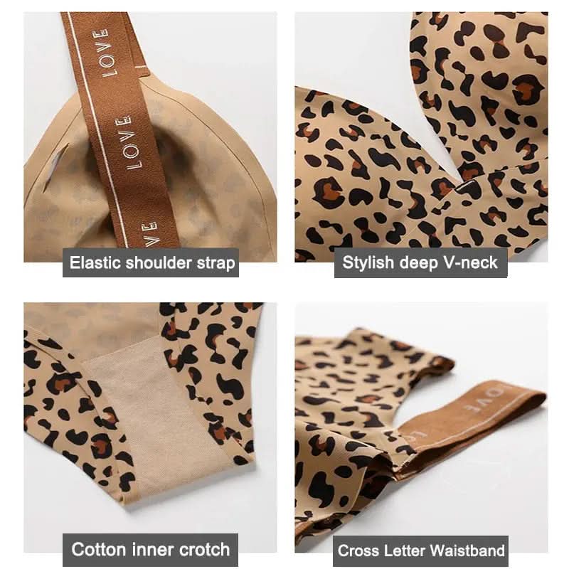 Leopard Print Bra & Cut-Out Panty Lingerie Set with Letter Tape Detail   Bra Set