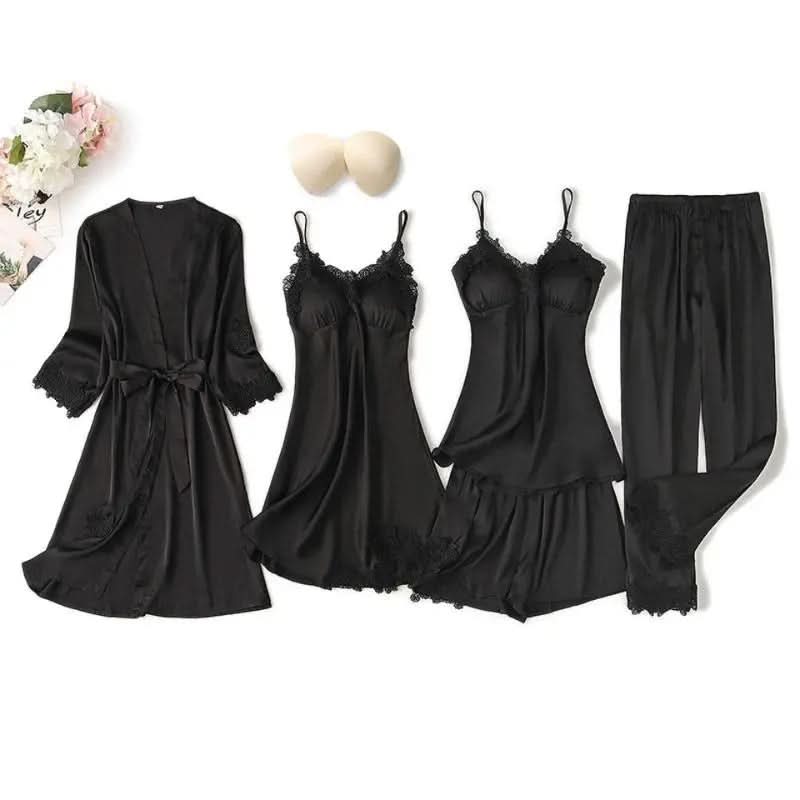 Luxurious 5-Piece Silk Satin Lace Sleepwear Set  Black-Extra-Large Night Wear