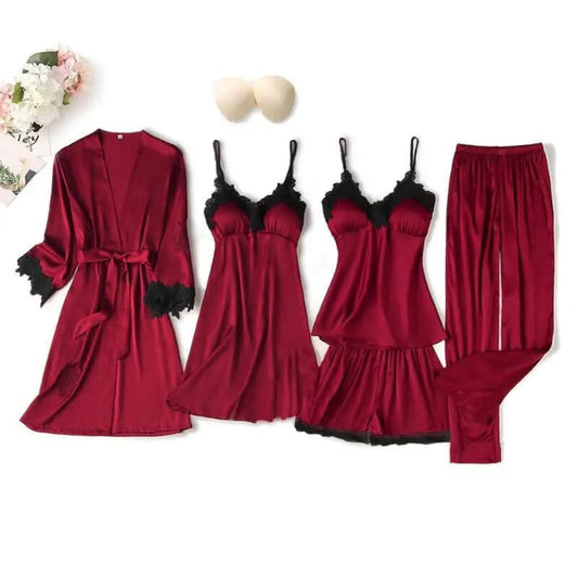 Luxurious 5-Piece Silk Satin Lace Sleepwear Set  Maroon-Extra-Large Night Wear