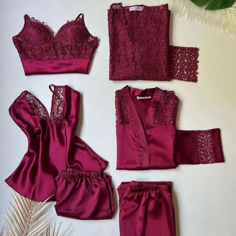 Luxurious 6-Piece Maroon Satin Silk Nightgown Set with Guipure Lace Embroidery   Night Wear