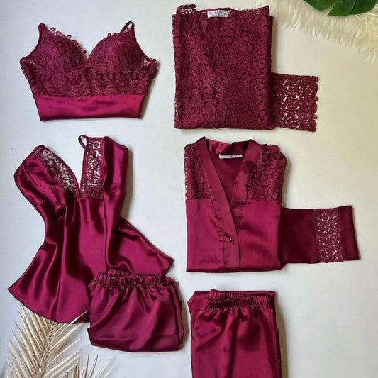 Luxurious 6-Piece Maroon Satin Silk Nightgown Set with Guipure Lace Embroidery   Night Wear