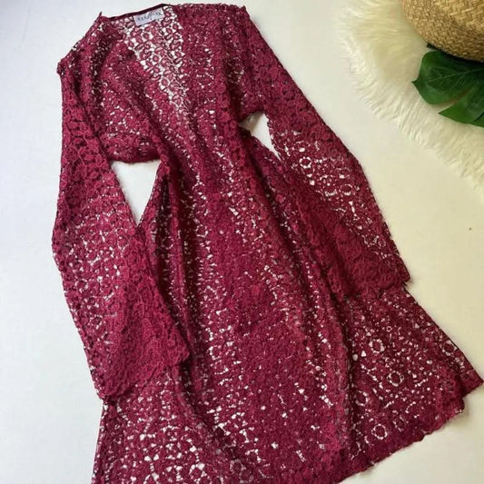 Luxurious 6-Piece Maroon Satin Silk Nightgown Set with Guipure Lace Embroidery  Maroon-Extra-Large Night Wear