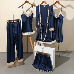 Luxury Silk Bridal Nightwear Set in 5-Piece  Navy-Extra-large Night Wear