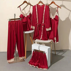 Luxury Silk Bridal Nightwear Set in 5-Piece  Red-Extra-large Night Wear