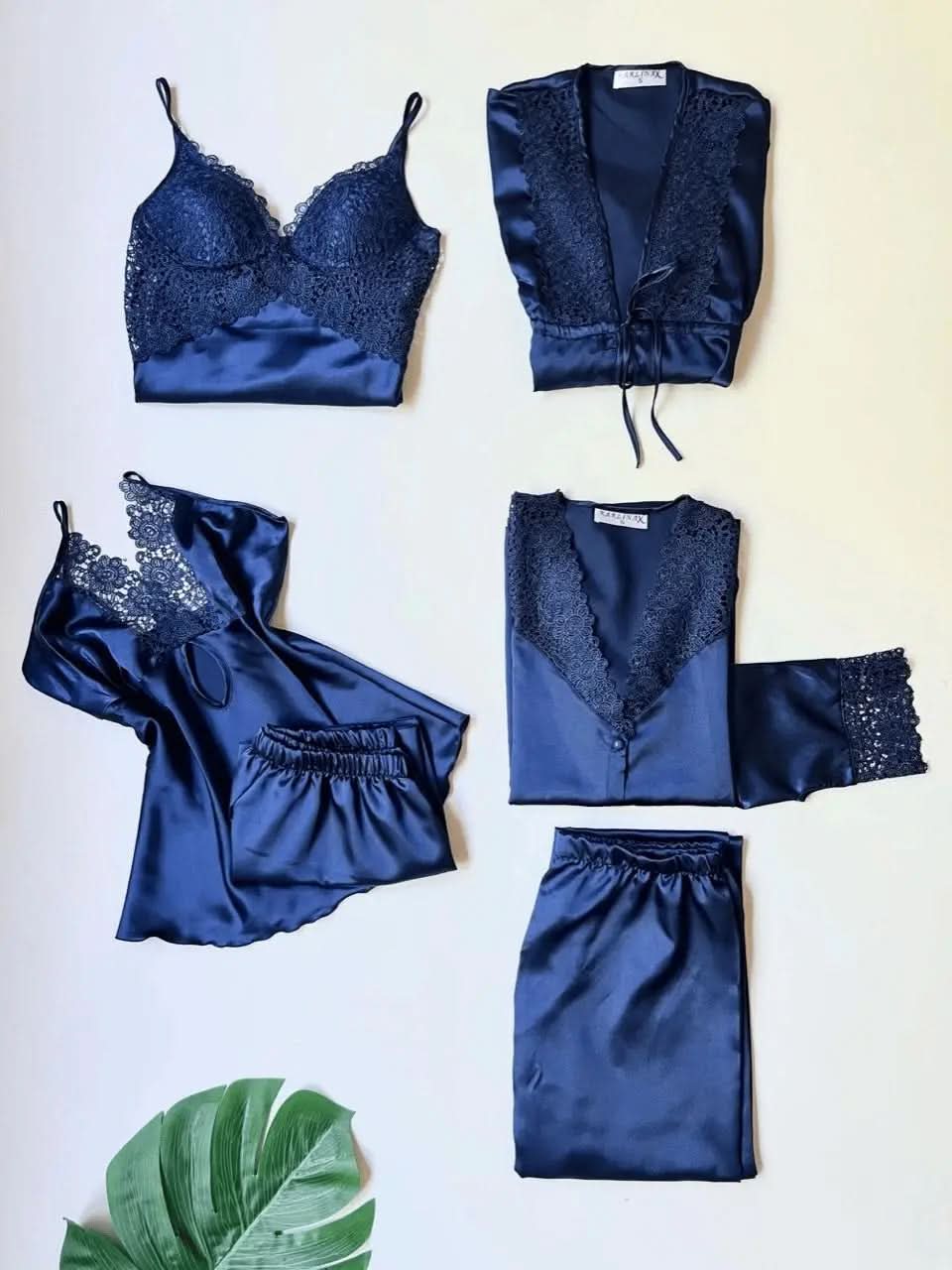 Navy Blue Satin 6-Piece Nightgown & Dressing Gown Set with Guipure Lace Details   Night Wear