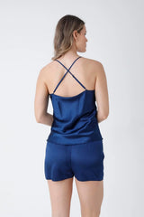 Navy Blue Satin 6-Piece Nightgown & Dressing Gown Set with Guipure Lace Details   Night Wear