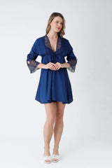 Navy Blue Satin 6-Piece Nightgown & Dressing Gown Set with Guipure Lace Details   Night Wear