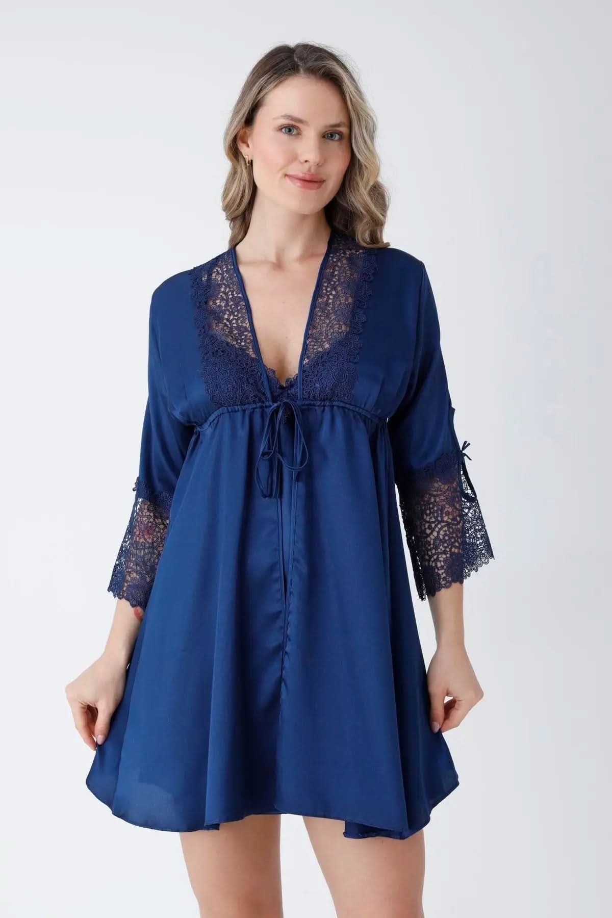 Navy Blue Satin 6-Piece Nightgown & Dressing Gown Set with Guipure Lace Details   Night Wear