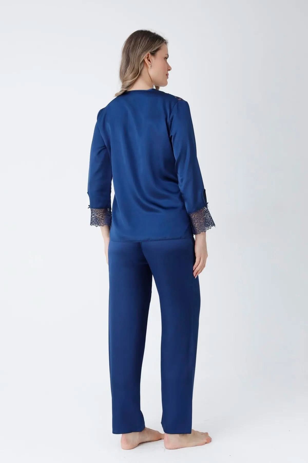 Navy Blue Satin 6-Piece Nightgown & Dressing Gown Set with Guipure Lace Details   Night Wear