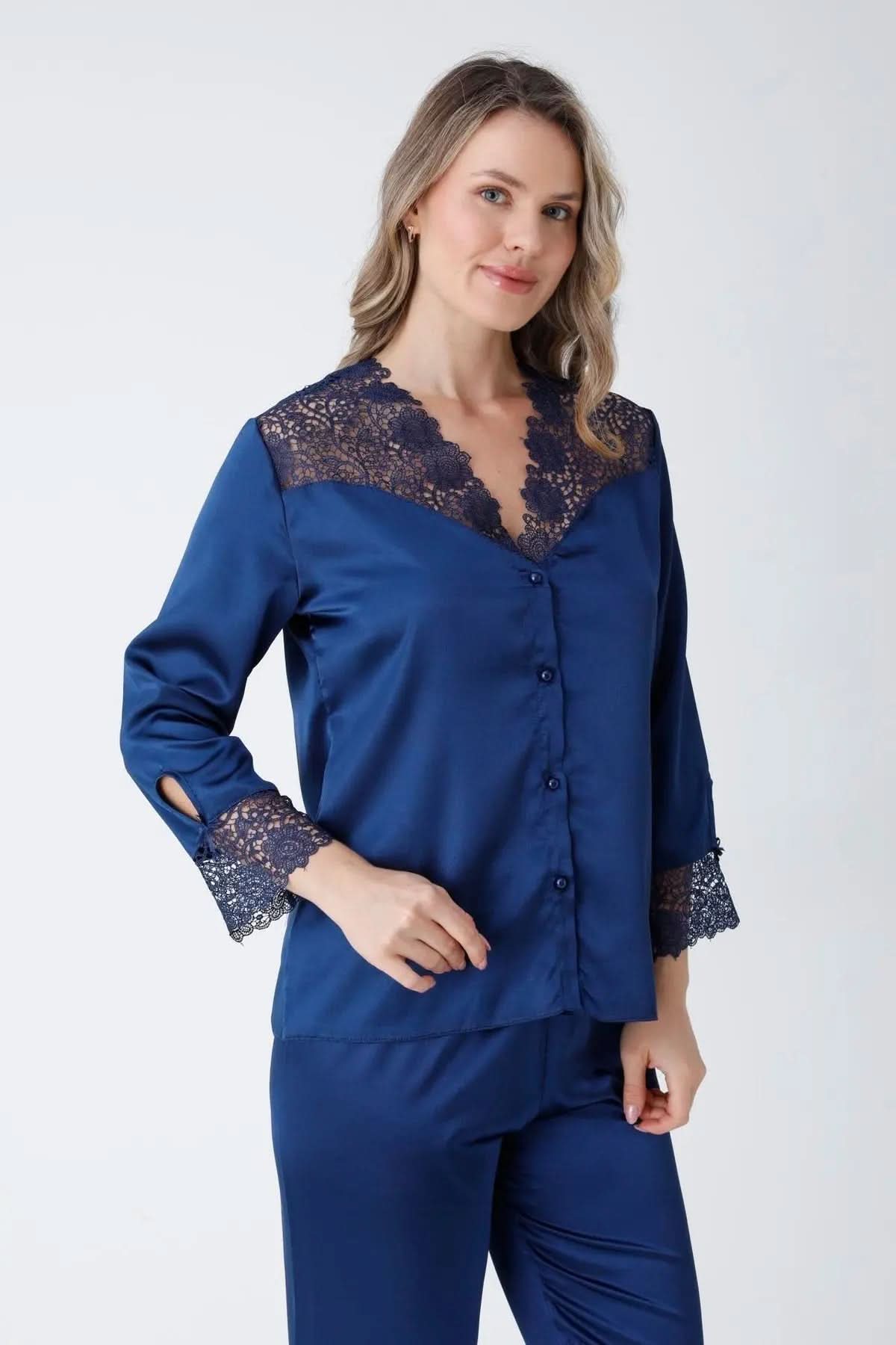 Navy Blue Satin 6-Piece Nightgown & Dressing Gown Set with Guipure Lace Details   Night Wear