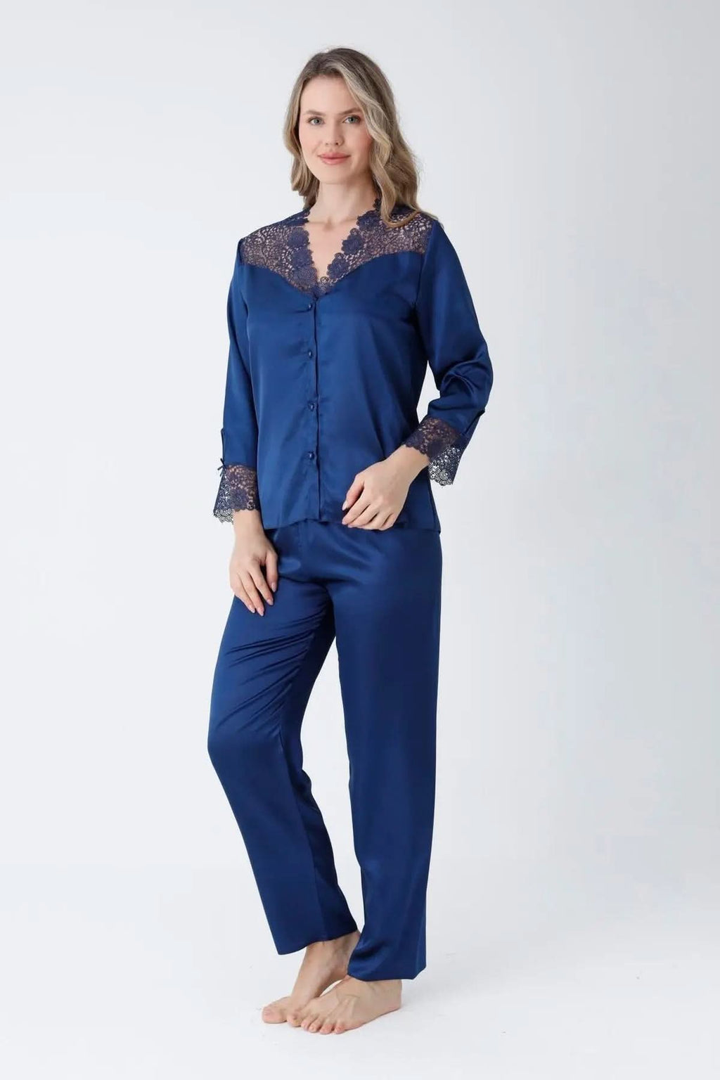 Navy Blue Satin 6-Piece Nightgown & Dressing Gown Set with Guipure Lace Details   Night Wear