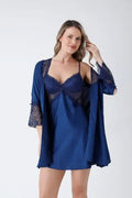 Navy Blue Satin 6-Piece Nightgown & Dressing Gown Set with Guipure Lace Details  Navy-XL Night Wear