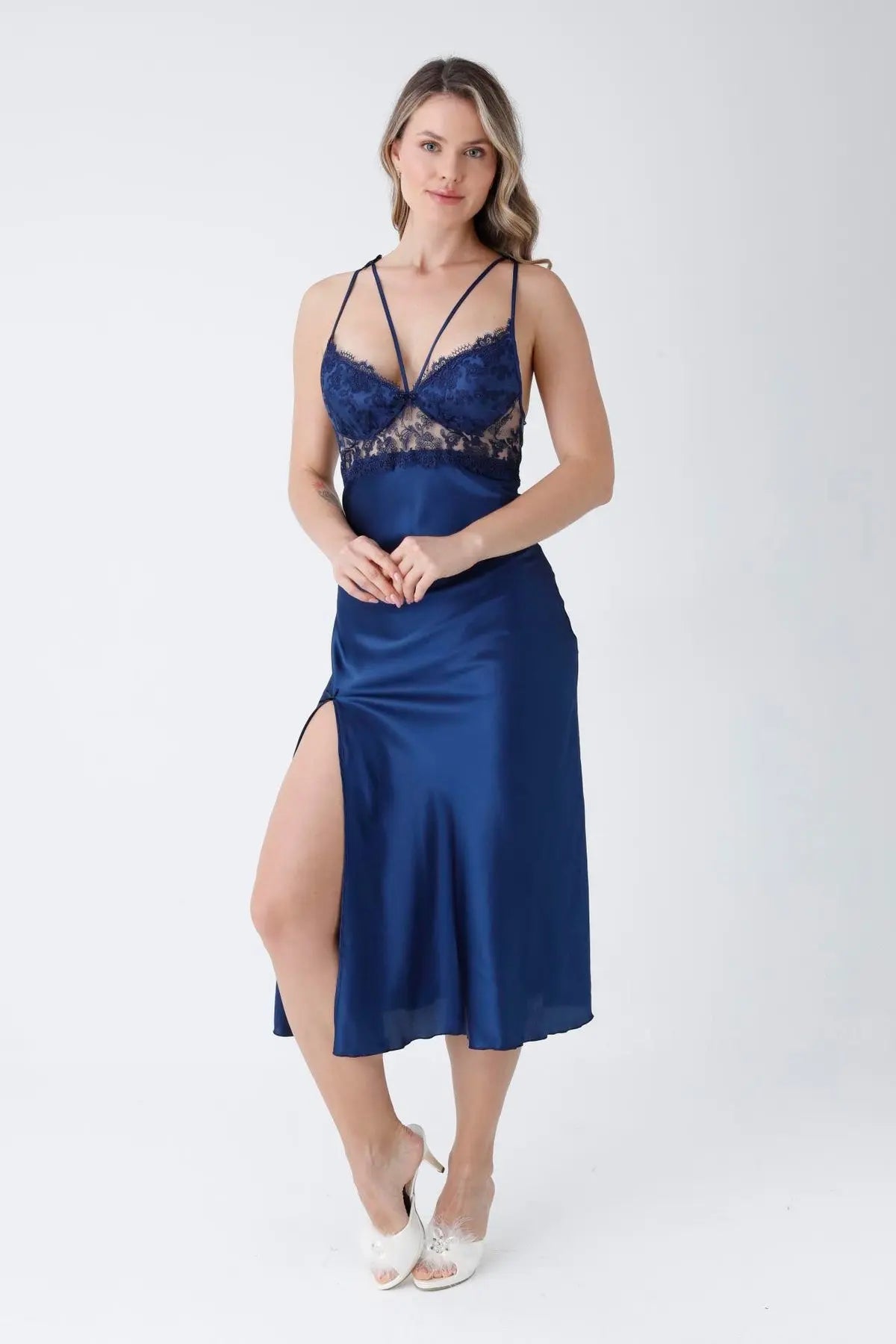 Navy Blue Satin 6-Piece Nightgown & Dressing Gown Set with Long Slit   Night Wear