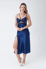 Navy Blue Satin 6-Piece Nightgown & Dressing Gown Set with Long Slit   Night Wear