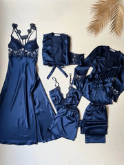 Navy Blue Satin 6-Piece Nightgown & Dressing Gown Set with Long Slit   Night Wear