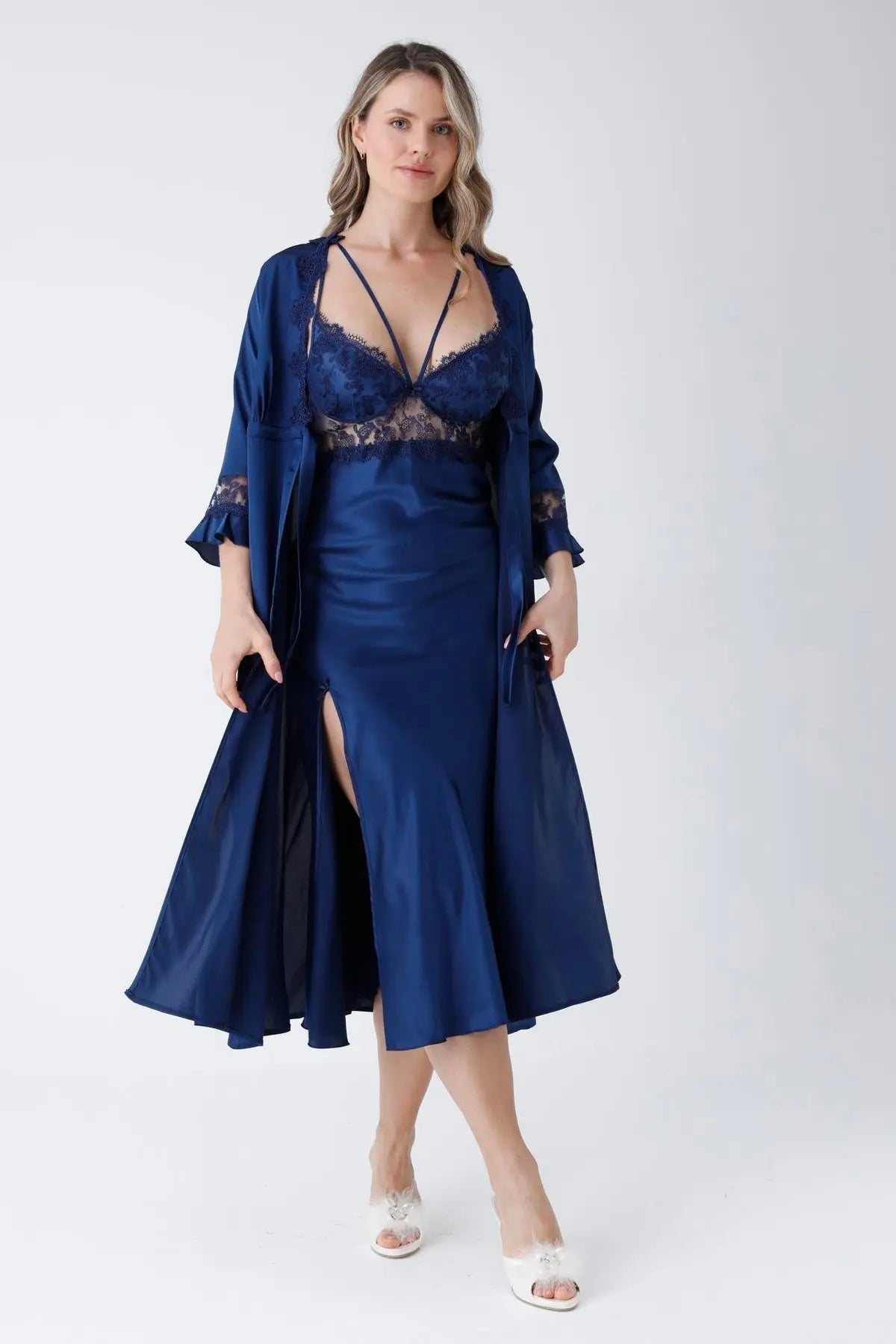 Navy Blue Satin 6-Piece Nightgown & Dressing Gown Set with Long Slit   Night Wear